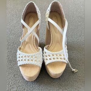 Jessica Simpson White and Tan Espadrille Wedges